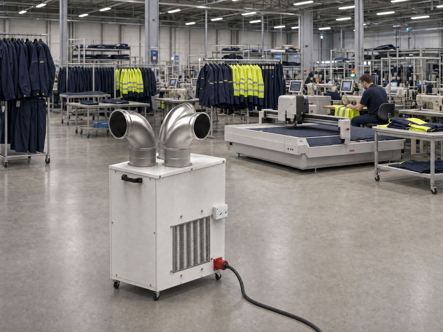 Aerotermo portátil eléctrico de airtècncs, con difusores metálicos, en una fábrica téxtil Aerotermo portátil eléctrico de Airtècnics, con difusores metálicos, en una fábrica téxtil